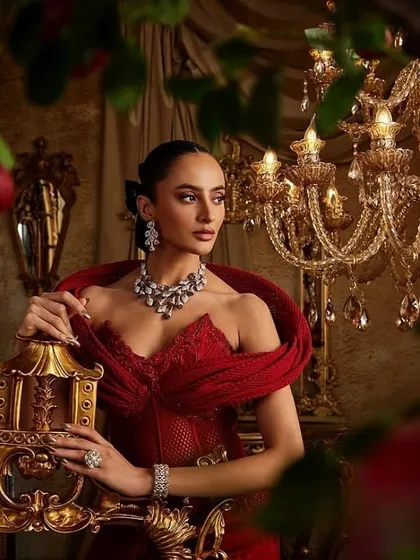 A moment of quiet drama in the crimson corset gown, where the embellished structure of the bodice is the undeniable focal point.