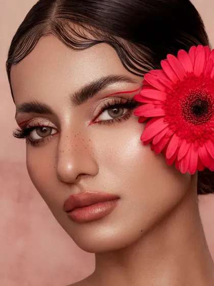 This angle offers a different perspective on the graphic liner and floral theme. The model's gaze is directed towards the viewer, creating a more intimate connection while still showcasing the artistic makeup and flawless, glowing skin.