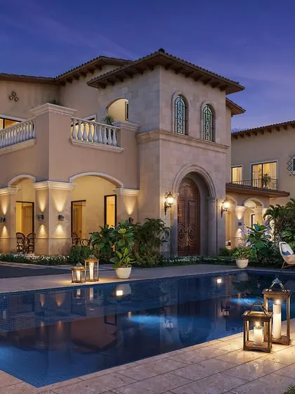 A twilight rendering of a Mediterranean-style villa for ATS Developer. We focused on creating a warm, inviting atmosphere by simulating multiple light sources, including interior lights, landscape uplighting, and lantern reflections on the pool surface, to showcase the property's evening appeal.