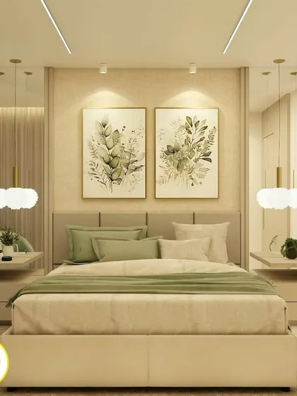 A frontal shot of the bed in the sage green room, perfect for showcasing the overall design.