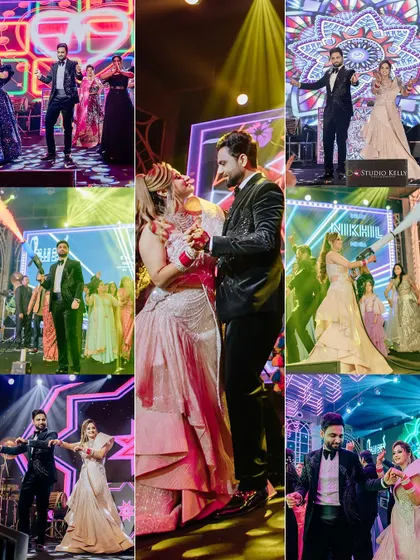 A collage capturing the fun and energy of the reception, with the couple dancing on stage.