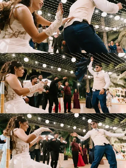The fun and playful shoe game during the reception. This collage captures the laughter and energy of this classic wedding tradition.