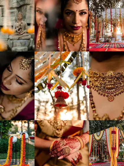 A collage of details from a South Indian wedding, including decor elements like a Buddha statue, bells, and close-ups of the bride's jewelry and henna.