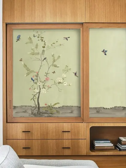 A full view of the wardrobe with my custom wallpaper, showing how it complements the natural wood finish. The pastel green background and delicate tree motif create a peaceful and elegant look.