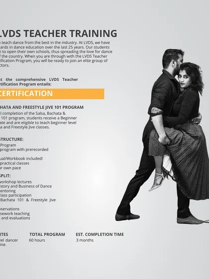 Become a certified dance instructor with our LVDS Teacher Training program. This hybrid course combines online learning with practical sessions, giving you the skills to teach Salsa, Bachata, and Freestyle Jive effectively.