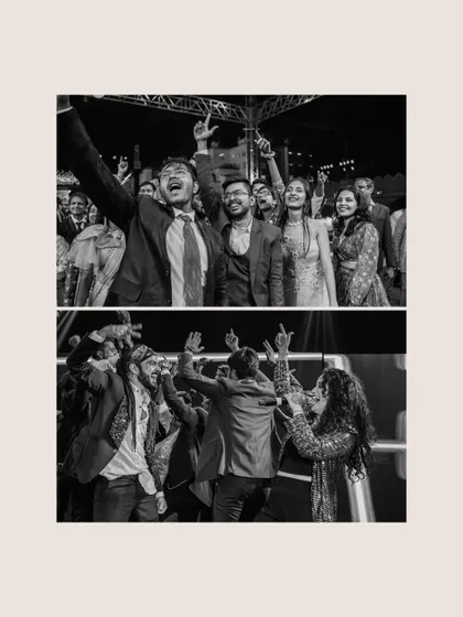 A black and white diptych of the guests dancing their hearts out. It captures the wild, joyful energy of the Sangeet party.