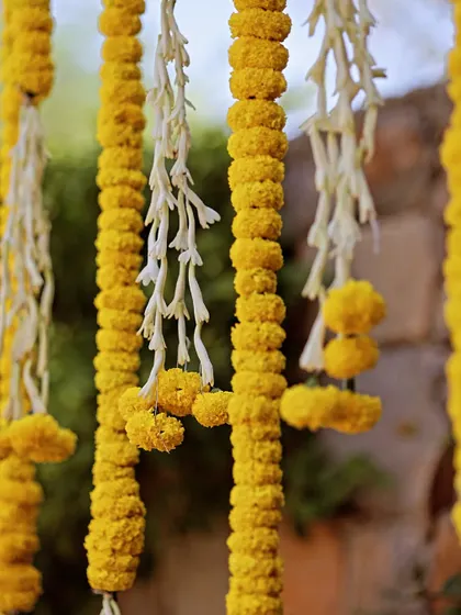 A detailed shot of marigold and tuberose garlands, classic floral elements that bring fragrance and tradition to any Haldi ceremony.