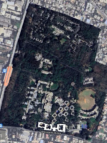 An aerial map showing the location of the new hostel block within the larger IIM Bangalore campus, situated at the periphery as a continuation of the central axis.