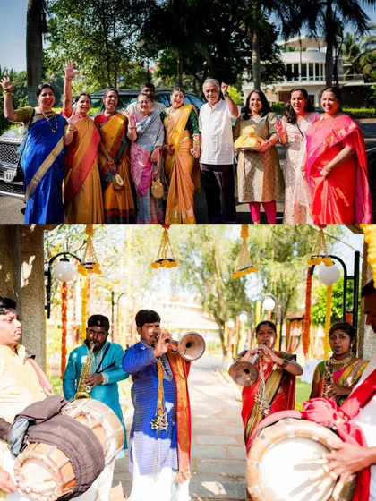 A collage showing the bride's family welcoming her with traditional music and joyful smiles.