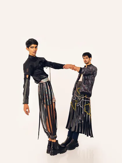 An editorial shot for designer Siddhant Agrawal's "Monsieur" collection. This image showcases my ability to style avant-garde menswear, using dynamic posing and unconventional silhouettes to create a visually arresting fashion statement.