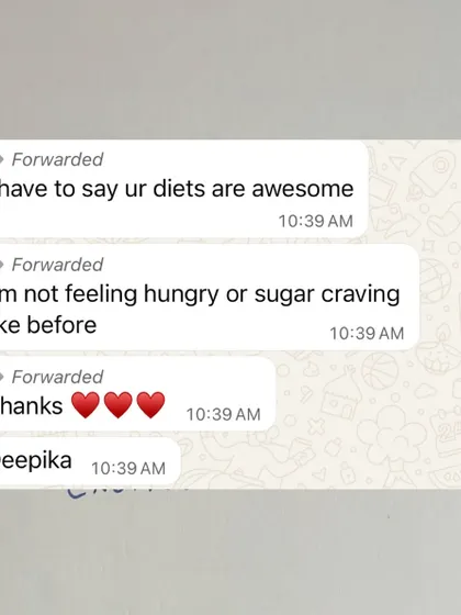 A client thanks the team, sharing that she no longer feels hungry or has sugar cravings.