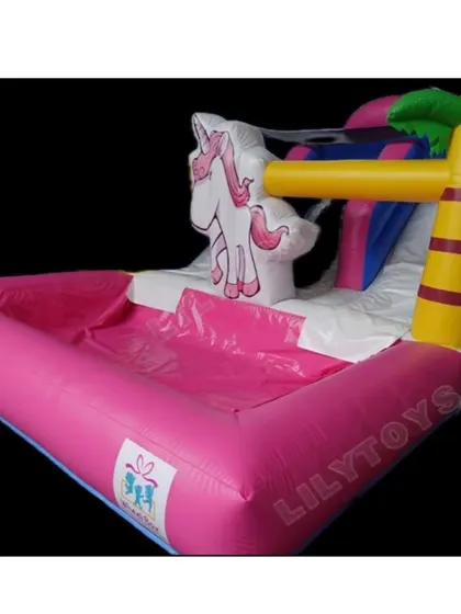 Make a splash at your next pool party with our magical unicorn inflatable slide. Kids can slide right into the water from this colorful and fun setup, adding an extra layer of excitement to their swimming adventures.