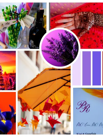 A mood board for a Mehendi ceremony, bursting with the festive energy of lavender, red, and yellow. A color palette is the first step in telling the story of your event's vibe.