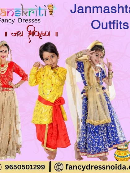 A playful trio modeling our Janmashtami outfits. The image features a woman as Radha and two children as Krishna and a Gopi, perfect for family celebrations or group fancy dress competitions.