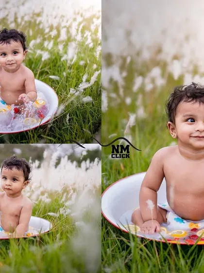 A collage from an outdoor fruit bath session in a field of white flowers. This is a beautiful and natural way to do a splash session.
