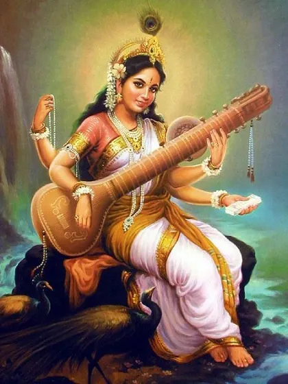 Goddess Saraswati, with her veena, represents the harmony of knowledge and creativity. Her blessings are sought for an enlightened path in learning and the arts.