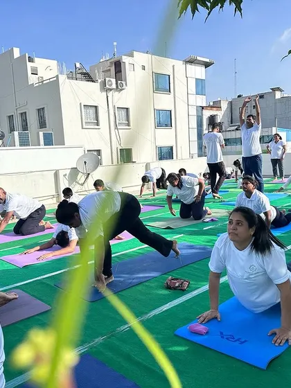 A dynamic flow during our rooftop yoga session, with students moving from a low lunge into Urdhva Mukha Svanasana (Upward-Facing Dog).