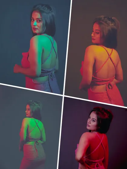 A collage of portraits using different colored gels. This shows the creative possibilities of a studio lighting setup.