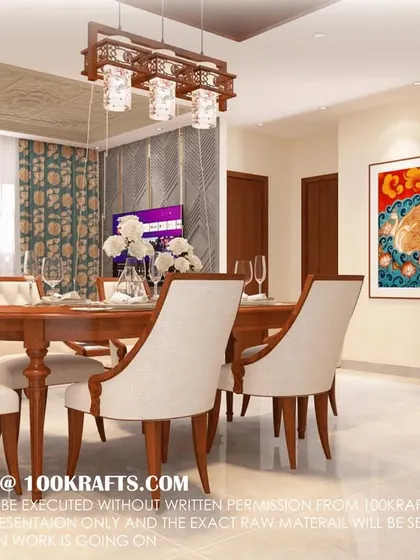 A dining room from our 'Royal Traditional' project, featuring classic wooden furniture, upholstered chairs, and traditional patterned curtains.