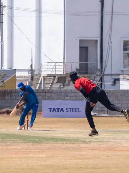 A duplicate action shot from the Indian Corporate Cricket League, showing a bowler in motion.