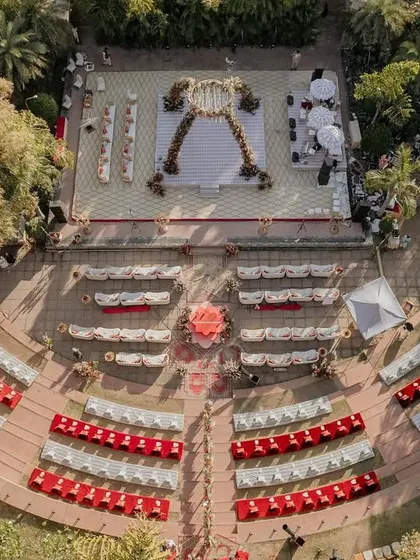 An aerial view of our Sabyasachi-inspired wedding design. The amphitheater seating created an intimate setting, ensuring every guest had a perfect view of the spectacular mandap.