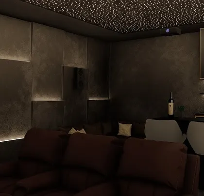 A close-up of the geometric acoustic wall panels with integrated backlighting. This feature is both a design statement and a functional acoustic treatment.