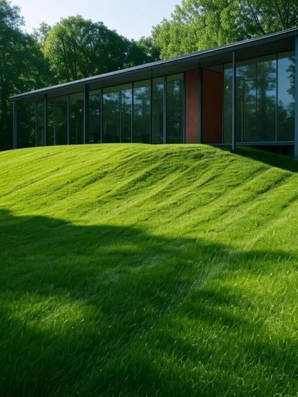 A view of a glass house situated on a rolling green hill. The design showcases how modern architecture can be integrated harmoniously with a natural, sculpted landscape.