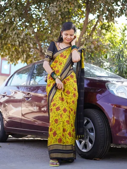 Sudha mam looking graceful in the pure Mysore crepe digital print saree, paired perfectly with a black contrast blouse.