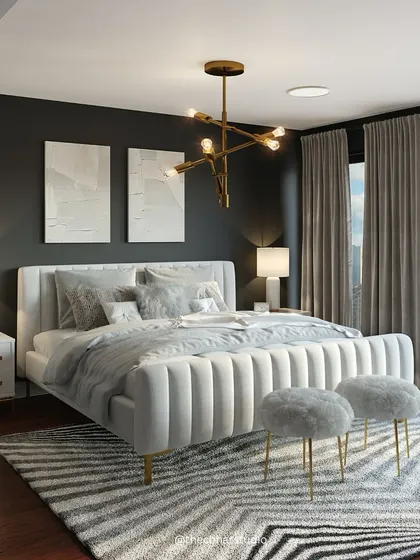 This design proves that cozy and aesthetic can coexist seamlessly. I paired a dark, moody wall color with a plush, white channel-tufted bed and metallic accents to create a bedroom that is both dramatic and incredibly inviting.