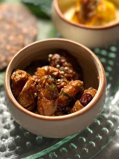 A sweet and spicy preparation of arbi (colocasia root), a unique and delicious part of our Navratri menu.