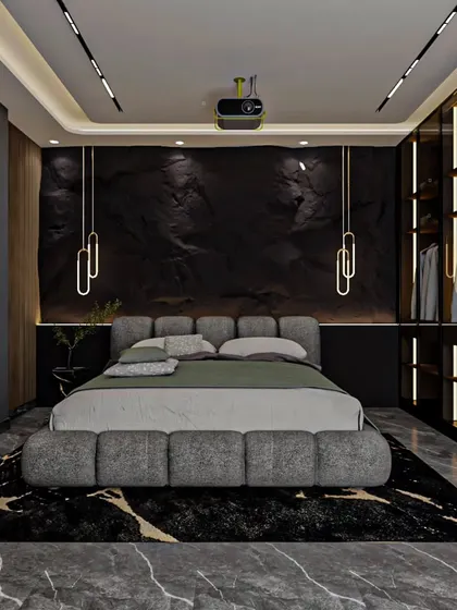 Another view of the luxury bedroom concept, focusing on the accent wall behind the bed. The textured black wall and hanging pendant lights create a dramatic and sophisticated look.