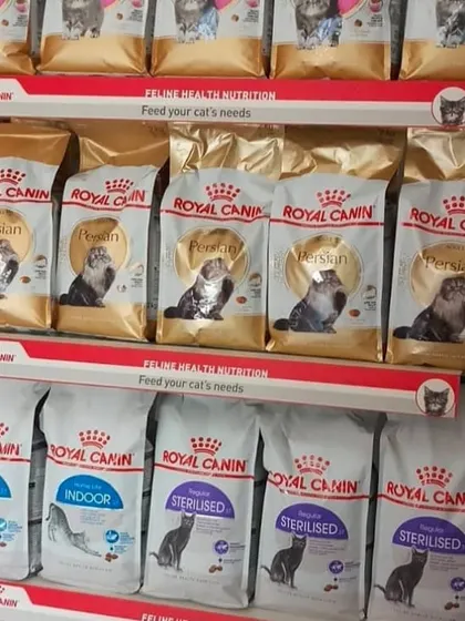 Specialized nutrition for your feline. This shelf features Royal Canin formulas for Persian, indoor, and sterilised cats.