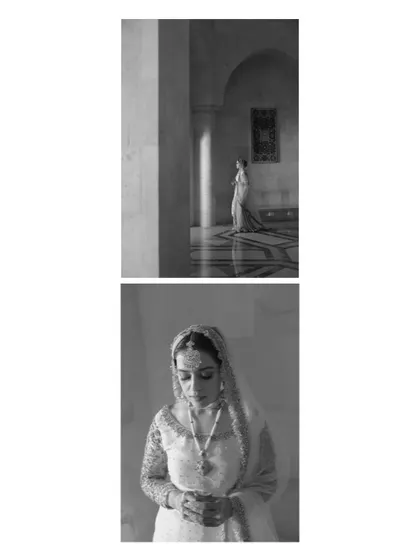 A diptych of artistic black and white bridal portraits, capturing quiet, contemplative moments amidst the wedding buzz.