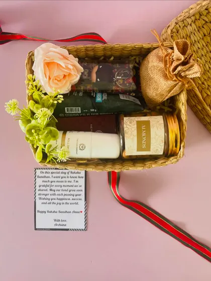 This eco-friendly cane box hamper was customized for Raksha Bandhan, complete with a personalized message card.