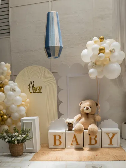 A luxury teddy bear themed baby shower setup. I curate every detail, from the backdrops and tablescapes to the entrance decor, to create a magical experience for the mama-to-be.
