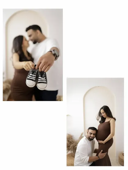 A creative collage showing the couple's journey. It combines a shot of them holding tiny baby shoes with an intimate portrait, telling a beautiful story.