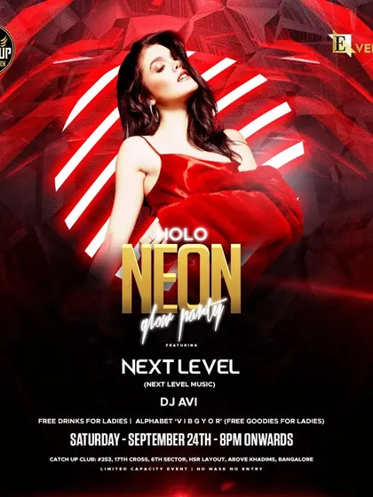 A red-themed Holo Neon party poster for a Saturday night at Catch Up, showing the versatility in visual styles even within the neon theme.