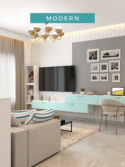 A modern living room with a floating TV unit, a comfortable sofa, and a small work-from-home corner, perfect for a couple with a contemporary style.