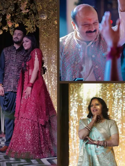 A collage showing the couple and their parents enjoying the Sangeet. It highlights the family celebrations and emotional moments of the parents watching the performances.
