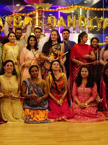 A full view of our studio filled with happy dancers. We can accommodate large family groups for Sangeet practice.