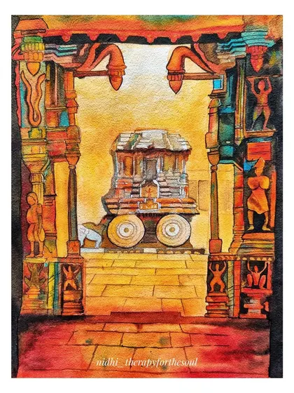 My watercolor trial of the famous Stone Chariot in Hampi, Karnataka. This was an experiment in a new medium for me, capturing the warm, sunlit tones of the ancient stone architecture.
