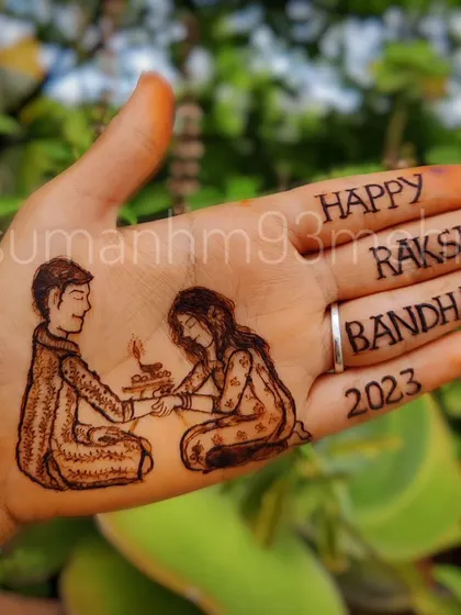 Celebrating the bond of siblings with this custom Raksha Bandhan 2023 design. This henna art captures the moment a sister ties a rakhi on her brother's wrist.