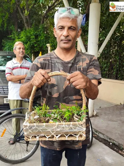 A volunteer presents a beautiful basket filled with various small saplings. These community-sourced plants add valuable diversity to our nurseries and reforestation efforts.