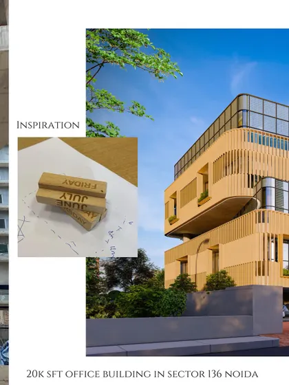 The Jenga-inspired concept for a 20,000 sq ft office building in Noida. The design is based on stacked and offset volumes, creating a dynamic and playful architectural form, as shown in this render and inspiration board.