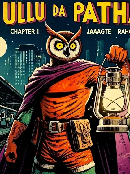 The cover of a fictional comic book, 'Ullu da Patha', about an owl-themed vigilante. This is an example of character creation and branding for a fictional IP.