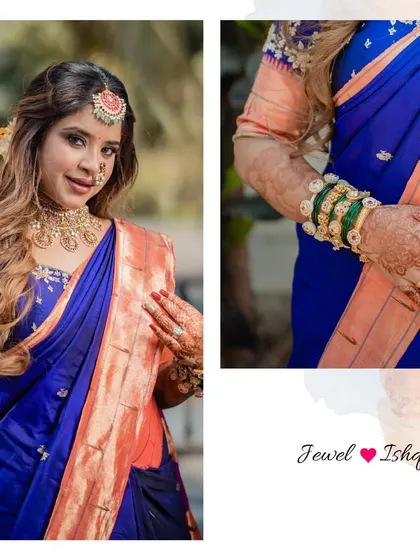 This collage highlights the details of the Marathi bridal look, from the temple jewellery choker to the traditional green glass bangles stacked with gold kadas.