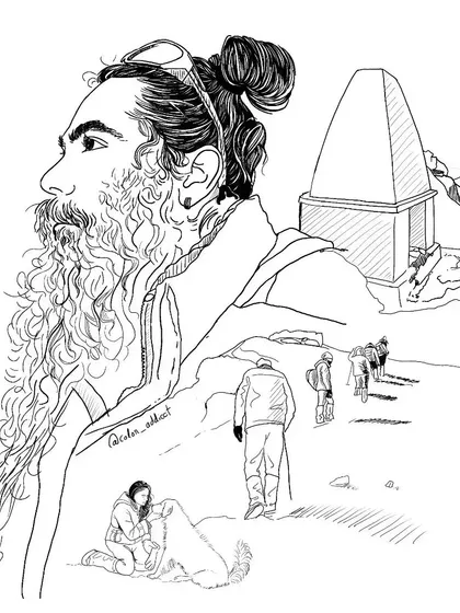 Another line art version of the Kedarkantha trek illustration, showing the composition before the watercolor texture was added.