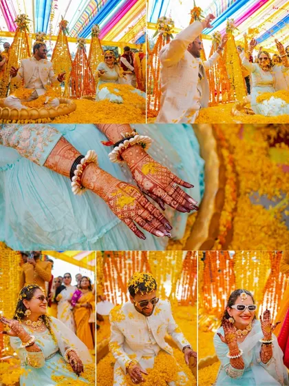 A collage from Palash and Palak's vibrant Haldi. It captures everything from the close-up of the bride's henna-covered hands to the couple being showered in marigold petals, telling the full story of their "Haldi wali masti".