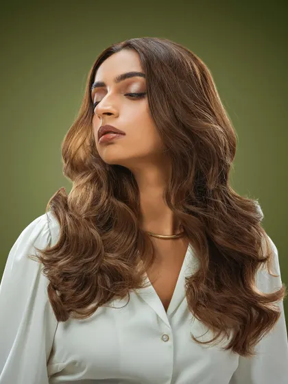 The final portrait from our Bespoke Brunette shoot, featuring soft, voluminous waves and a rich, multi-dimensional brown color.