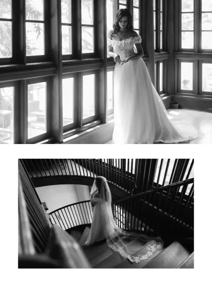 A collage of black and white bridal portraits. One shows her by the window, another descending a spiral staircase, both capturing her elegance and the beauty of her gown and veil.